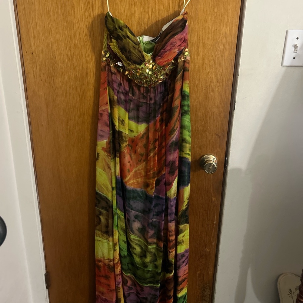 JS Boutique empire waist multicolored bling maxi Sequin dress 6 Boho $229 Msrp
